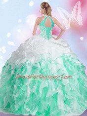 Fitting Halter Top Sleeveless Lace Up Floor Length Beading and Ruffles and Pick Ups Sweet 16 Quinceanera Dress