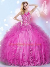 Halter Top Sleeveless Sweet 16 Quinceanera Dress Floor Length Beading and Appliques and Ruffles Hot Pink Tulle
