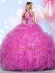 Halter Top Sleeveless Sweet 16 Quinceanera Dress Floor Length Beading and Appliques and Ruffles Hot Pink Tulle