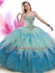 Tulle Sleeveless Floor Length Quinceanera Gowns and Beading and Ruffles