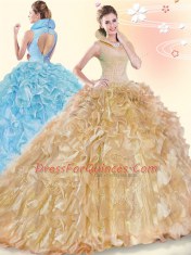 Graceful Champagne Ball Gowns High-neck Sleeveless Organza Brush Train Backless Beading and Ruffles Vestidos de Quinceanera