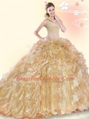 Graceful Champagne Ball Gowns High-neck Sleeveless Organza Brush Train Backless Beading and Ruffles Vestidos de Quinceanera
