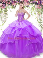 Customized Lavender Ball Gowns Organza Sweetheart Sleeveless Beading and Ruffled Layers Floor Length Lace Up Quinceanera Gowns