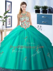 Sumptuous Halter Top Sleeveless Tulle Quince Ball Gowns Embroidery and Pick Ups Lace Up