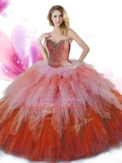 Sweetheart Sleeveless Tulle Sweet 16 Dresses Beading and Ruffles Lace Up