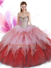 Sweetheart Sleeveless Tulle Sweet 16 Dresses Beading and Ruffles Lace Up