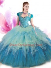 Sweetheart Sleeveless Tulle Sweet 16 Dresses Beading and Ruffles Lace Up