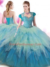 Sweetheart Sleeveless Tulle Sweet 16 Dresses Beading and Ruffles Lace Up