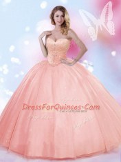 Watermelon Red Ball Gowns Tulle Sweetheart Sleeveless Beading Floor Length Lace Up Quinceanera Dress