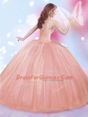 Watermelon Red Ball Gowns Tulle Sweetheart Sleeveless Beading Floor Length Lace Up Quinceanera Dress