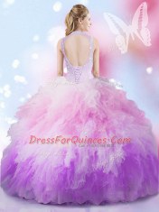 Fantastic Multi-color Tulle Lace Up High-neck Sleeveless Floor Length 15 Quinceanera Dress Beading and Ruffles