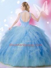 Sleeveless Lace Up Floor Length Beading and Ruffles 15th Birthday Dress