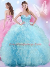 Sleeveless Floor Length Beading and Ruffles Lace Up Quince Ball Gowns with Baby Blue