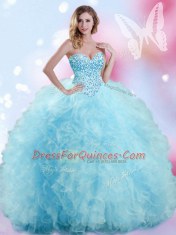 Sleeveless Floor Length Beading and Ruffles Lace Up Quince Ball Gowns with Baby Blue