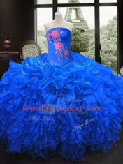 Customized Embroidery and Ruffles Quinceanera Gown Royal Blue Lace Up Sleeveless Floor Length Customized Embroidery and Ruffles Quinceanera Gown Royal Blue Lace Up Sleeveless Floor Length
