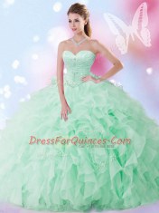 Floor Length Lace Up Quinceanera Gown Apple Green for Military Ball and Sweet 16 and Quinceanera with Beading and Ruffles