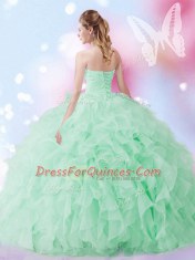 Floor Length Lace Up Quinceanera Gown Apple Green for Military Ball and Sweet 16 and Quinceanera with Beading and Ruffles