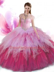 Suitable Sweetheart Sleeveless Tulle Sweet 16 Dresses Beading and Ruffles Lace Up