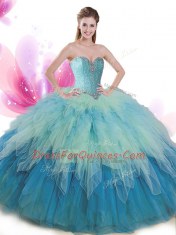 Suitable Sweetheart Sleeveless Tulle Sweet 16 Dresses Beading and Ruffles Lace Up