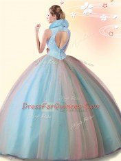 Lavender Tulle Backless 15 Quinceanera Dress Sleeveless Floor Length Beading