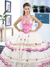 Halter Top Floor Length Lace Up Vestidos de Quinceanera White for Military Ball and Sweet 16 and Quinceanera with Embroidery and Ruffled Layers