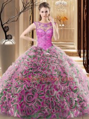 Scoop Sleeveless Fabric With Rolling Flowers Sweep Train Lace Up Sweet 16 Quinceanera Dress in Multi-color with Beading