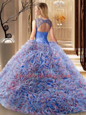 Scoop Sleeveless Fabric With Rolling Flowers Sweep Train Lace Up Sweet 16 Quinceanera Dress in Multi-color with Beading