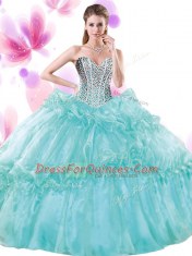 Amazing Pick Ups Turquoise Sleeveless Organza Lace Up Quinceanera Gown for Military Ball and Sweet 16 and Quinceanera