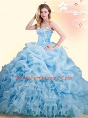 Organza Sleeveless With Train Sweet 16 Quinceanera Dress Brush Train and Beading and Ruffles and Pick Ups