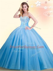 Dramatic Sleeveless Tulle Floor Length Lace Up Ball Gown Prom Dress in Baby Blue with Beading