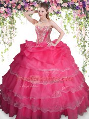 Shining Sweetheart Sleeveless Quinceanera Dress Floor Length Beading and Ruffled Layers and Pick Ups Coral Red Organza