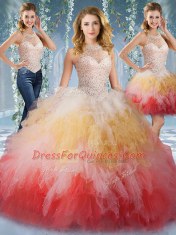 Artistic Halter Top Sleeveless Floor Length Beading and Ruffles Lace Up Quinceanera Gown with Multi-color