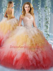 Artistic Halter Top Sleeveless Floor Length Beading and Ruffles Lace Up Quinceanera Gown with Multi-color