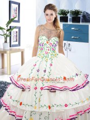 Scoop Sleeveless Floor Length Beading and Embroidery and Ruffled Layers Lace Up Sweet 16 Dresses with White