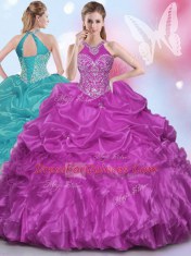 Admirable Fuchsia Halter Top Neckline Appliques and Pick Ups Sweet 16 Dress Sleeveless Lace Up