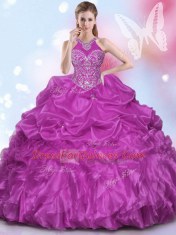 Admirable Fuchsia Halter Top Neckline Appliques and Pick Ups Sweet 16 Dress Sleeveless Lace Up