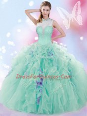 Glorious High-neck Sleeveless Lace Up Sweet 16 Dress Apple Green Tulle