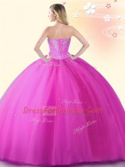Sleeveless Floor Length Beading Lace Up Quince Ball Gowns with Hot Pink