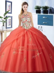 Best Selling Orange Red Halter Top Neckline Embroidery and Pick Ups Quinceanera Dress Sleeveless Lace Up