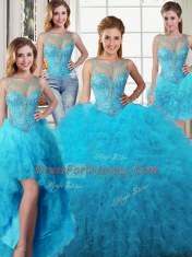 Eye-catching Four Piece Scoop Tulle Sleeveless Floor Length Sweet 16 Quinceanera Dress and Beading and Ruffles