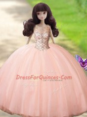 Glorious Ball Gowns Quinceanera Gowns Peach High-neck Tulle Sleeveless Floor Length Lace Up
