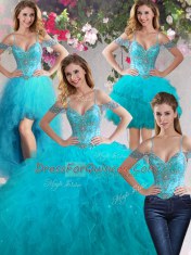 Fashion Four Piece Off The Shoulder Sleeveless Lace Up Quince Ball Gowns Teal Tulle