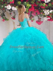 Fashion Four Piece Off The Shoulder Sleeveless Lace Up Quince Ball Gowns Teal Tulle