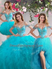 Fashion Four Piece Off The Shoulder Sleeveless Lace Up Quince Ball Gowns Teal Tulle