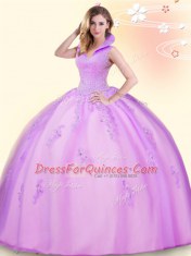 Lilac Ball Gowns Tulle High-neck Sleeveless Beading and Appliques Floor Length Backless Ball Gown Prom Dress