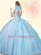 Lilac Ball Gowns Tulle High-neck Sleeveless Beading and Appliques Floor Length Backless Ball Gown Prom Dress