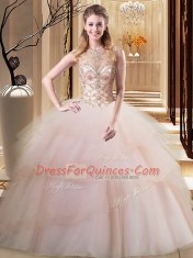 Popular Scoop Sleeveless Beading and Ruffled Layers Lace Up 15th Birthday Dress with Peach Brush Train