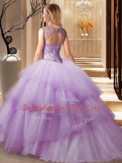 Popular Scoop Sleeveless Beading and Ruffled Layers Lace Up 15th Birthday Dress with Peach Brush Train