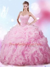 Nice Organza Sweetheart Sleeveless Brush Train Lace Up Beading and Ruffles and Pick Ups Ball Gown Prom Dress in Rose Pink