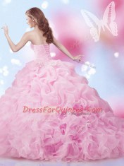 Nice Organza Sweetheart Sleeveless Brush Train Lace Up Beading and Ruffles and Pick Ups Ball Gown Prom Dress in Rose Pink